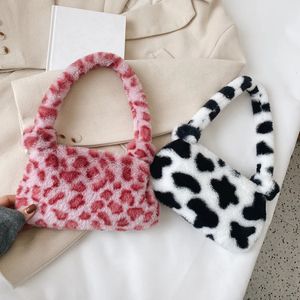 Akşam çantaları moda kadınlar inek baskı mini omuz çantaları kadın kış peluş alt koltuklu çantalar leopar zebra desen kabarık tote çantalar küçük çantalar 230927