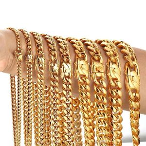 316L Stainless Steel Cuban Link Chain Necklaces Bracelets Hiphoop High Polished 18K Gold Plated Cast Jewelry Sets Choker Chains Me222U