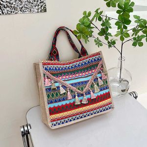 Totes novo estilo étnico bolsa feminina grande capacidade verão borla algodão cânhamo ombro na moda e moda bolsa