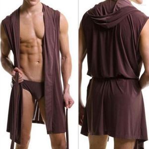 Men's Sleepwear Sexy Pajamas Men Solid Color Pijama Hombre Hooded Sleeveless Thin Bathrobe Summer Dress Bath Robe