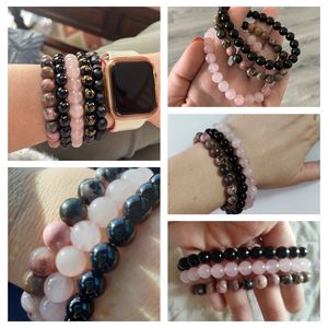 Natural Stone pärlstav armband set 3 st/set rhodonite rose rosa kvartsmonsstenens ametyst hematit armband för kvinnor män armband smycken 8mm