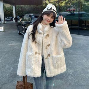 Women's Fur Lamb Wool Coat 2023 Autumn And Winter Women Korean Cute Faux Jacket Solid Color Horn Button Parkas Female