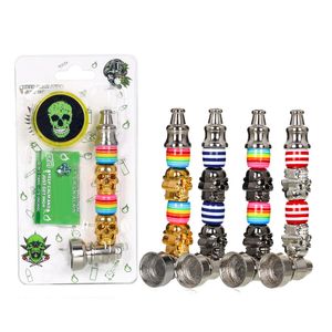 Skull Style Metal Smoking Hand Pipes set Kit with Dry Herb Tobacco Plastic Grinder and Filter Mesh Screen in Blister Packing Mix Colors