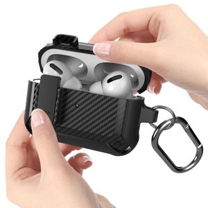 For AirPods Pro 2nd Generation Case Cover with Snap Switch, Secure Lock Clip Carbon Fiber Grain Protective Cases for Air pods 3 2 1 with Keychain