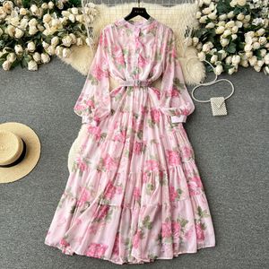 Holiday Dress 2024 New Early Autumn French Bubble Sleeves Reduced Age Slim Fit Long Ruffle Edge Chiffon Skirt