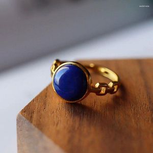 Cluster Rings Court Style Vintage Lapis Lazuli For Women Elegant Light Luxury Ancient Gold Crafts Chain Design Engagement Ring Jewelry