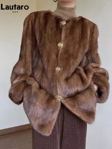 Women's Fur Faux Fur Lautaro Autumn Winter Elegant Thick Warm Soft Fluffy Brown Faux Mink Fur Coat Women Single Breasted Luxury Designer Outerwear 230927
