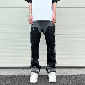 Męskie dżinsy 2023 Graffiti Black Flear Dżinsowe spodnie z łatkami Hip Hop Splashed Ink Dżinsy z szerokimi nogami Spodnie Slim Fit Dżinsy dla mężczyzn J230926