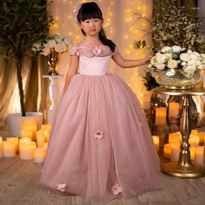 Flickaklänningar 3D Applique Pink Princess Flower Dress for Wedding Off the Shoulder Tulle Ruffles First Communion Wear Birthday Party Glows