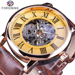 Forsising Watch Klasik Retro Tasarım İskeleti Altın Roman Numarası Kahverengi Deri Erkek Mekanik Saat En İyi Marka Lüks Otomatik W343L