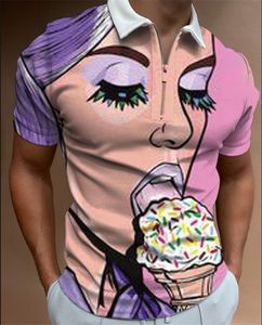 Roupas DIY Camisetas personalizadas Polos femininos com estampa de sorvete Moda impressa gravata masculina de manga curta, terno polo com zíper, camiseta casual