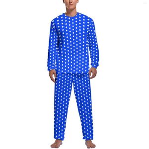 Pijamas masculinos azul branco polka dot pijamas diários duas peças vintage padrão moda pijama conjuntos homens manga longa noite gráfico nightwear