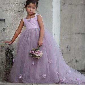 Kız Elbiseler Mor Tül 3D Aplike Çiçek Çocuklar İçin İlk Komünyon Elbise Doğum Günü Düğün Partisi Balo Gown Güzellik Pageant Giyim