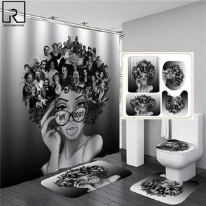 Afroamerikanische schwarze Frauen-Druck-Duschvorhang-Set, wasserdichte Badezimmervorhänge, weiche rutschfeste Badteppiche, Toilettenabdeckung, Teppiche 2238P
