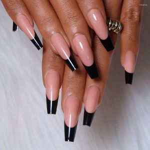 FALSE NAILS 24st nageltips Tryck på fullt omslag Black White Edge Long French Fake Ballerina