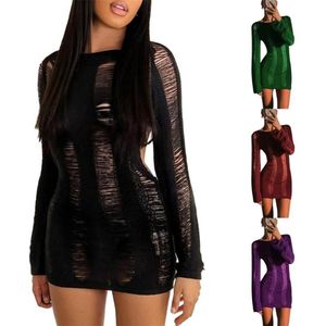 Casual Dresses Women Backless Knitted Mini Dress Long Sleeve Round Neck Solid Color Crochet Knit Sexy Hollow Out Beach Clubwear Dr271b