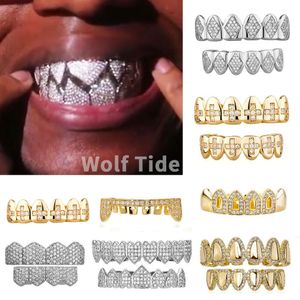 Bling CZ Zirconia Dente da vampiro Grillz Oro reale 18 carati Punk Hiphop Diamante pieno Fang Griglie Bretelle Denti Cap Rapper Gioielli per il corpo per Cosplay Festa in costume di Halloween