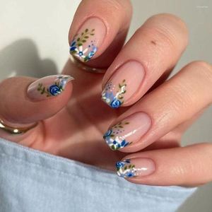 Falska naglar 24st nagelspetsar blå ros DIY Tryck på färgglada blad Long Square French French