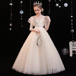 Children's beauty pageant dress runway piano performance dress fluffy yarn fairy mid sleeved children's dress