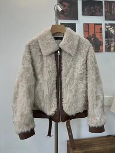 Womens Fur Faux Designers retro color contrast wool integrated strap waist fur coat fallwinter fashion allinone warm jacket top 230927