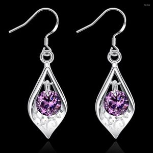 Dangle Earrings Pure 925 Sterling Silver For Woman Crystal Amethyst Shell Fashion Jewelry Elegant Lady Christmas Gifts