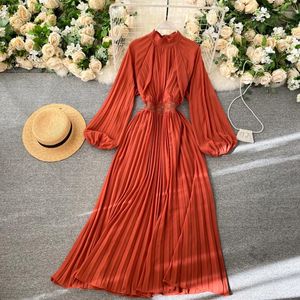 Casual Dresses Women French Pleated Maxi Dress Elegant Solid Puff Sleeve A-line Office Autumn Korean Streetwear Long