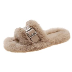 Tofflor Winter Casual Women Platform Low Heel Fluffy Slipper Fashion Buckle Belt Artificial Plush Inside Soft Slides Shoe