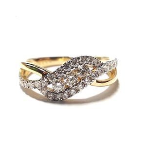 Hongkong-Lieferant 18 Karat massives Gelbgold mit echten Diamanten, feiner Schmuck, schmale Twist-Half-Way-Verlobungsringe für Frauen