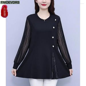 Women's Blouses L-5XL Loose Clothes 2023 Women Autumn Elegant Ruffles Basic Shirts Retro Patchwork Black Mesh Tunic Peplum Tops And