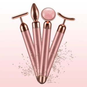 Massaggiatore viso 4 in 1 Rullo vibrante al quarzo rosa Rullo viso Massaggiatore occhi Rullo di giada a forma di T / V Lifting viso dimagrante Beauty Bar Massaggiatore 230927