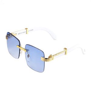 Óculos de sol de búfalo azul moda masculina designer sem aro madeira branca óculos de sol de bambu para homem uv400 ouro metal condução esportes origin2235