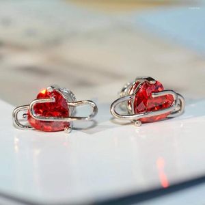 Orecchini a bottone in argento 925 con graffetta rossa a forma di cuore tempestata di diamanti per le donne, gioielli romantici regalo di fidanzamento di fascia alta