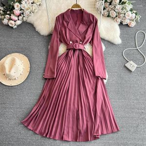 Casual Kleider Elegante Frauen Vitnage Robe Langarm Slim A-linie Plissee Kleid 2023 Frühling Herbst Kleidung Mode Damen Party