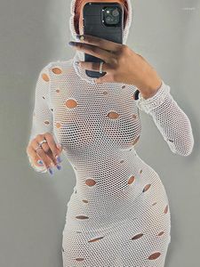 Sıradan Elbiseler Mesh, Hollow Out Sexy Party Club Bodycon Midi Elbise Vestido Kadınlar İçin 2023 Sonbahar Kış Kapüşonlu Uzun Kollu