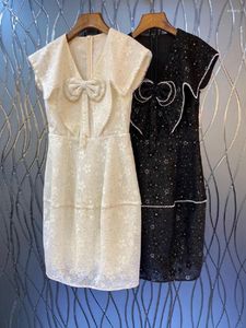Casual Dresses High Quality Lace Dress 2023 Summer Party Events Kvinnor V-ringning Beading Bow Deco Elegant Apricot Black Tunic Vestidos Festa