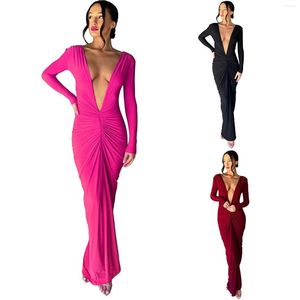 Casual Dresses Women's Fashion Sexy V Neck Slim Fit Pleated Solid Color Long Sleeve Dress Dressy