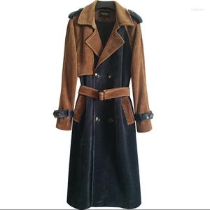 Men's Trench Coats Mens Man Double Breasted Long Coat Men Clothes Corduroy Color Matching Spring Autumn Slim Overcoat Sleeve