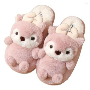 Pantoufles mignonnes en coton pour femmes, chaussures d'hiver pour Couple, dessin animé d'élan en peluche, isolation thermique intérieure, chaussures de Protection du bas