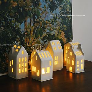 Decorative Objects Figurines Scandinavian Style Small House Candle Holder Ceramic Hollowed Out Architectural Wax Holder Pure White Home Accessories Lamp 230926