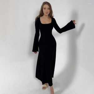 Lässige Kleider Abend Herbst Flare Ärmel Lang Grau Schwarz Mode Elegant Schlank Quadratischer Ausschnitt A-Linie Basic Kleid Damen Basicos