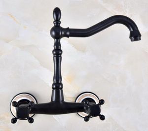 Mutfak muslukları siyah yağ ovulmuş bronz seramik taban monte banyo lavabo musluk döner spout mikser musluk çift çapraz kollar ANF873