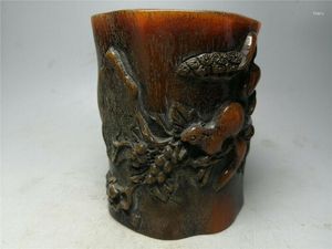 Decorative Figurines 3.94" Chinese Exquisite Horn Carving Tree Bird Pen Container Holder