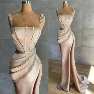 Chic Sheath Mermaid Evening Dresses 2022 Latest Sexy Spaghetti Strap Sequins Pleats Long Formal Party Celebrity Gowns Vestidos Dre212s