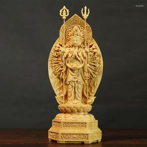 Dekorativa figurer 20 cm boxwood tusenhand guanyin snidskulptur feng shui heminredning solid trä buddha staty