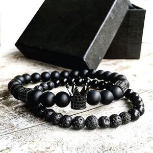 2pcs set Men Woman Bead Bracelet Crown Charm Bangle Natural Beads Buddha Bracelet for Women and Mens Pulseras Masculina236u