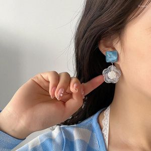 Dangle Earrings Blue Plastic Rose Flower Pendant Vintage Transparent Square Temperament Stud Women Fashion Party Jewelry Gifts