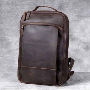 School Bags Vintage Crazy Horse Genuine Leather Backpack Men Backpack Laptop Leather Daily Bagpack Male Rucksack Trave Hiking Knapsack Large 230927