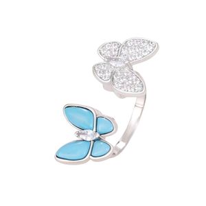 Ringar van-clef arpes designer lyx mode kvinnor ny fjäril turkos blå dubbel fjäril serie v guld full diamant mångsidiga enkla ringar