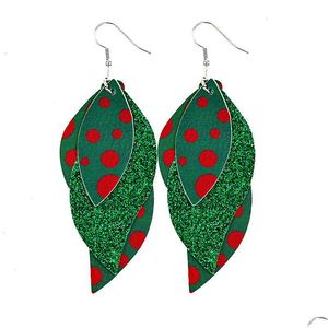 Dangle & Chandelier New Christmas S Shaped Leather Dangle Earrings Double Layer Women Print Teardrop Leaf Accessories Fashion Jewelry Dhswc