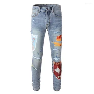 Mäns jeans ly modedesigner män retro ljusblå stretch smal fit lapp rippade streetwear hip hop varumärke byxor hombre